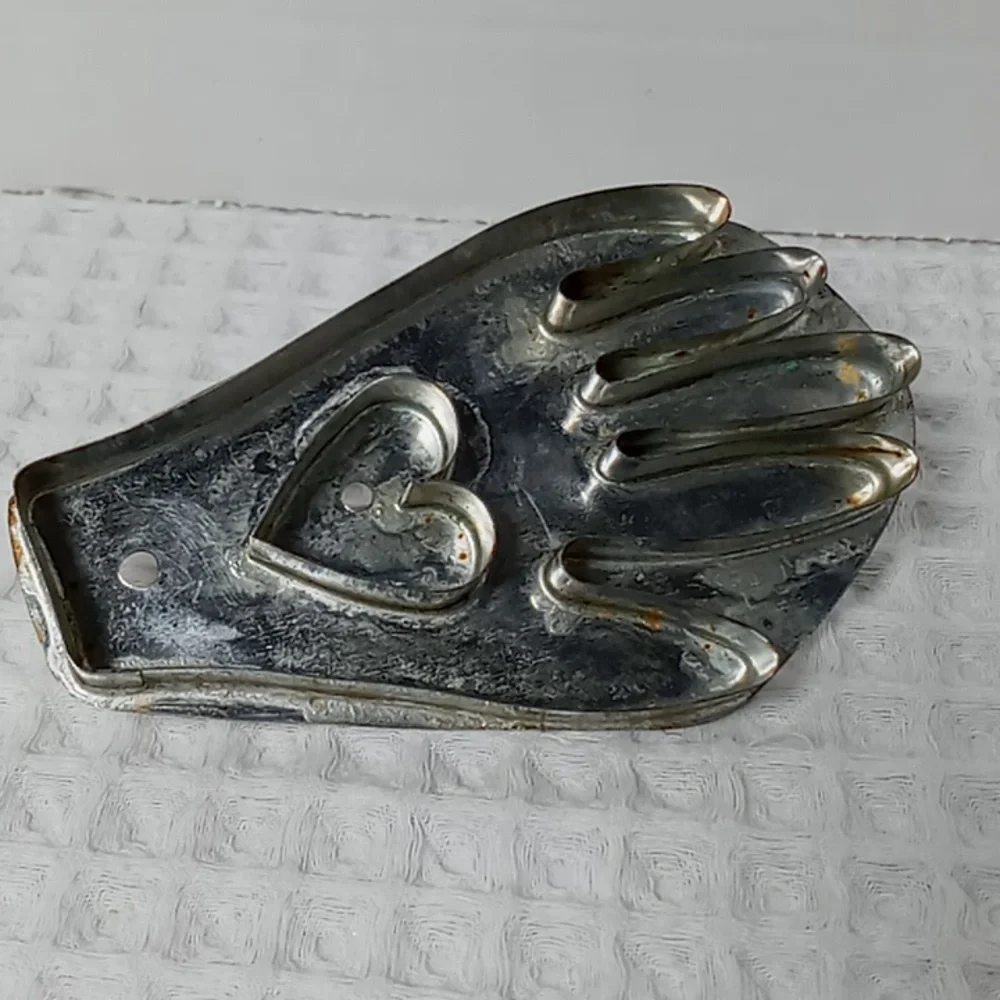 Vintage B.Cukla AARFAC Folk Art Tin Cookie Cutter Hand With Heart Inside